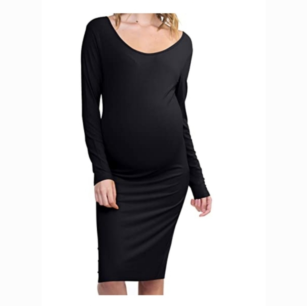 Maternity black long sleeve ribbed rayon spandex stretch knee length dress